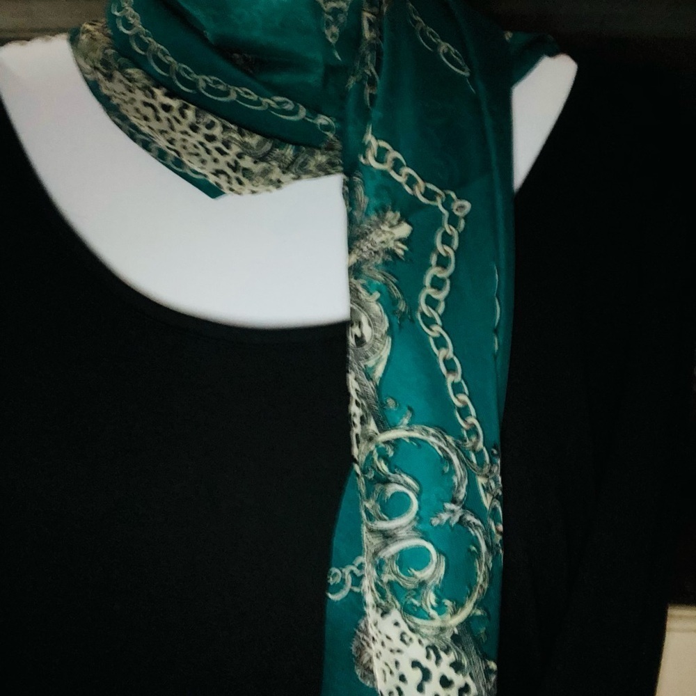 Chic Teal and Black Scarf with Chain Print